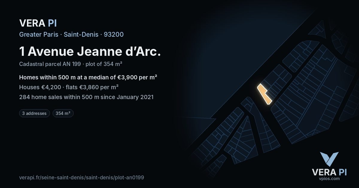 1 Avenue Jeanne d’Arc, Saint-Denis at night – the plot lit, the parcels around coloured by the prices near them