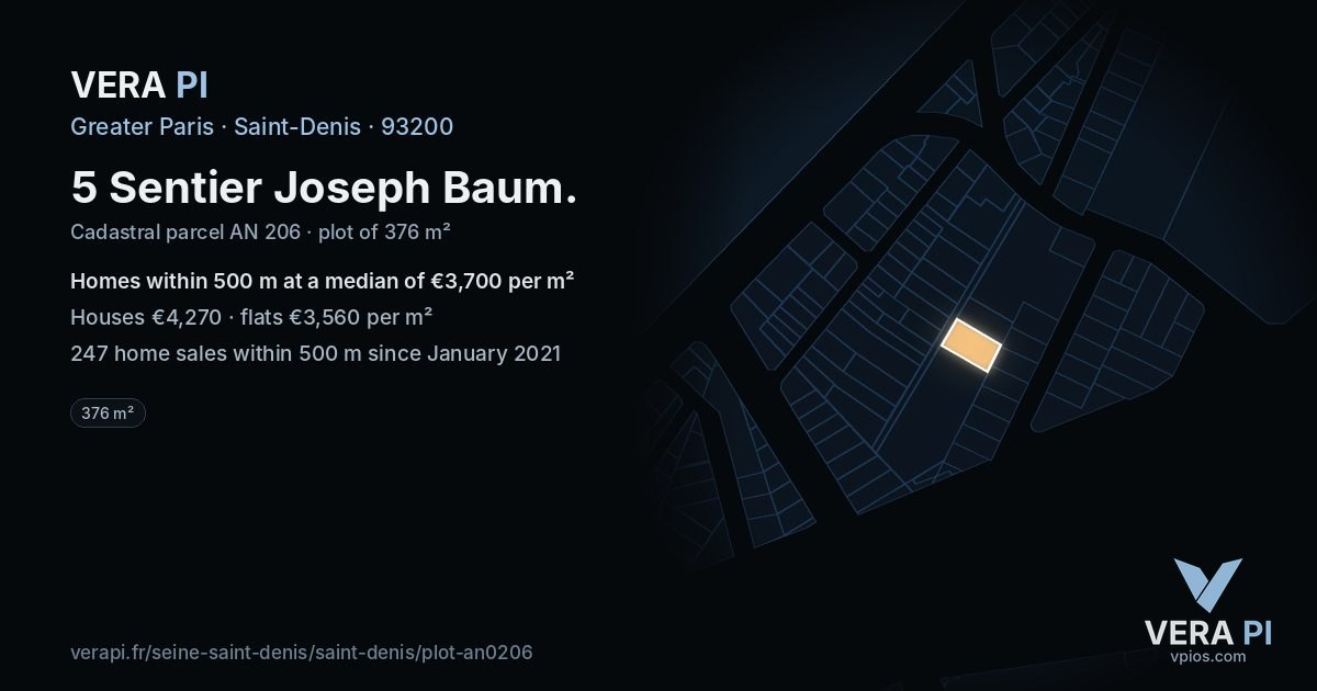 5 Sentier Joseph Baum, Saint-Denis at night – the plot lit, the parcels around coloured by the prices near them
