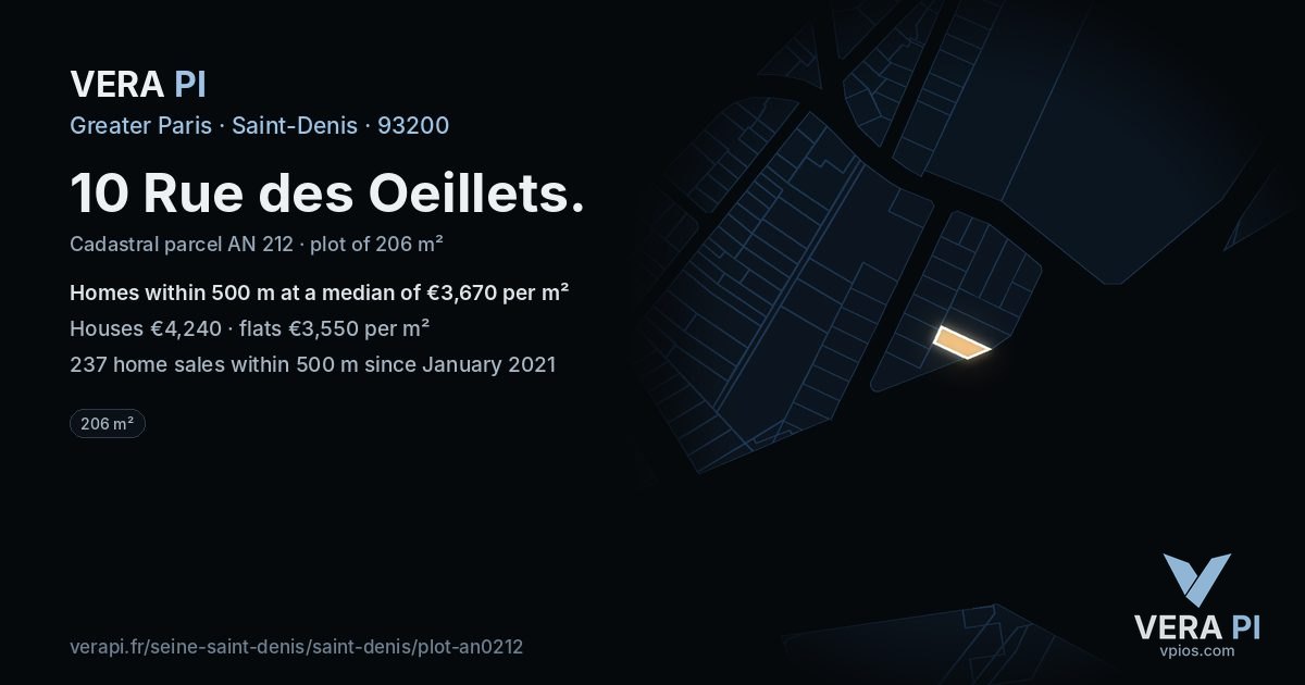 10 Rue des Oeillets, Saint-Denis at night – the plot lit, the parcels around coloured by the prices near them