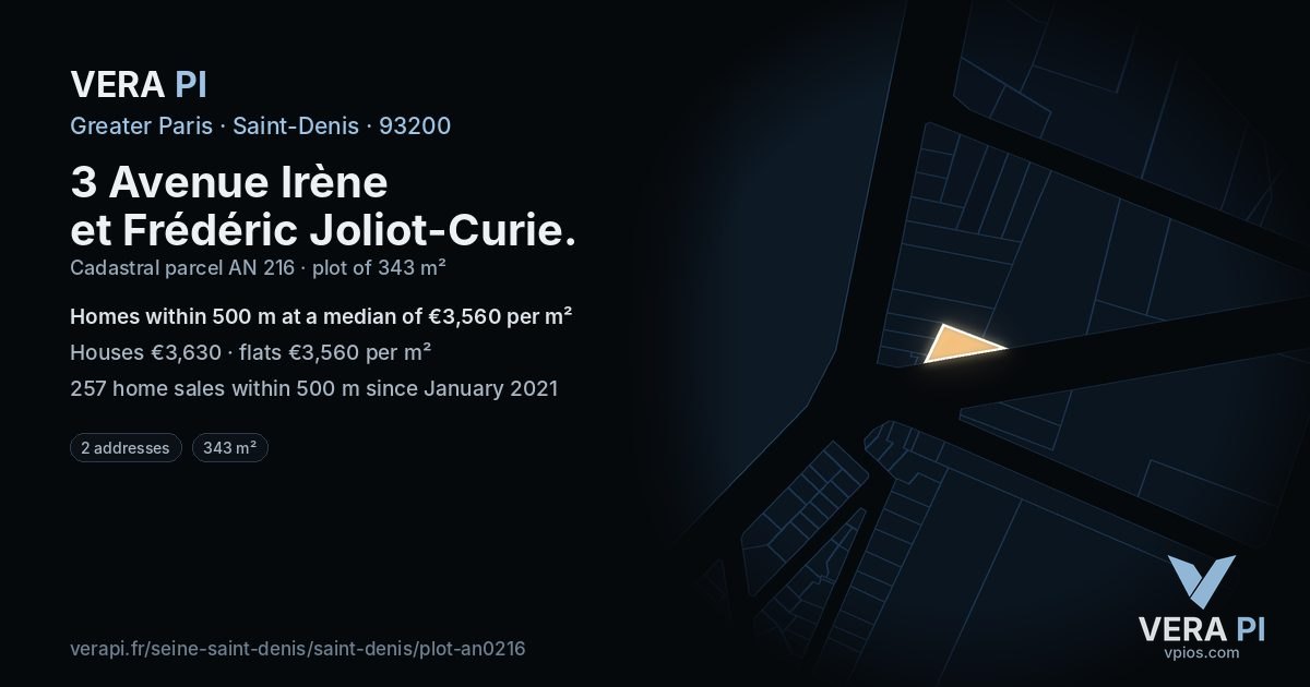 3 Avenue Irène et Frédéric Joliot-Curie, Saint-Denis at night – the plot lit, the parcels around coloured by the prices near them