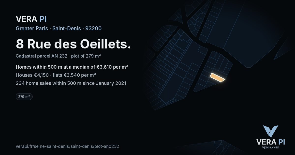 8 Rue des Oeillets, Saint-Denis at night – the plot lit, the parcels around coloured by the prices near them