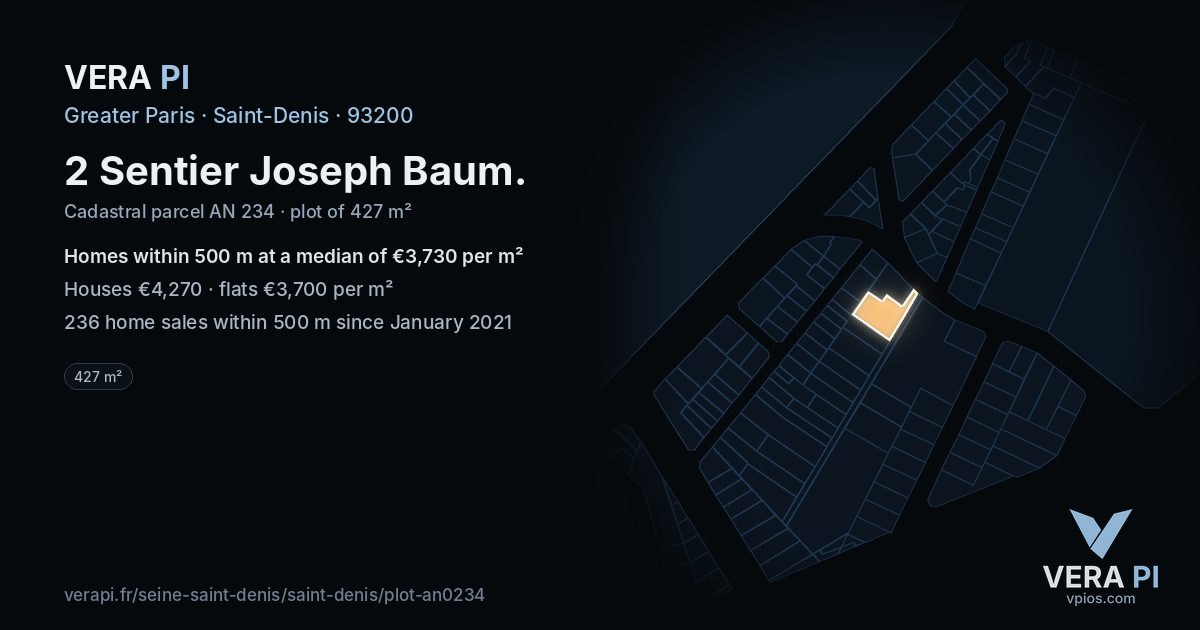2 Sentier Joseph Baum, Saint-Denis at night – the plot lit, the parcels around coloured by the prices near them