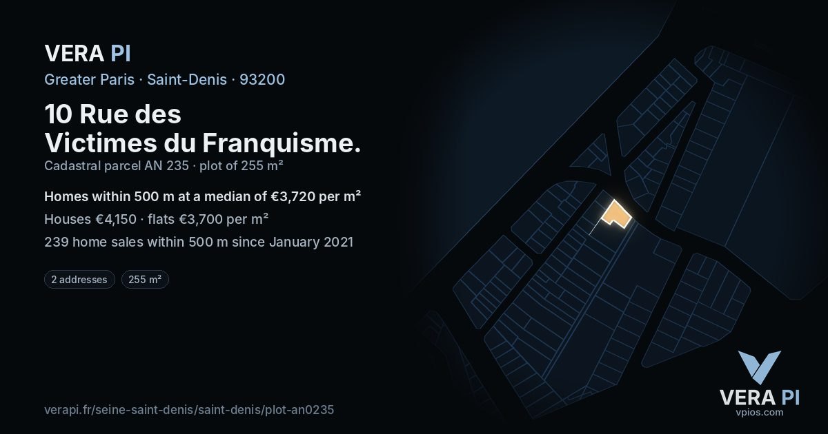 10 Rue des Victimes du Franquisme, Saint-Denis at night – the plot lit, the parcels around coloured by the prices near them