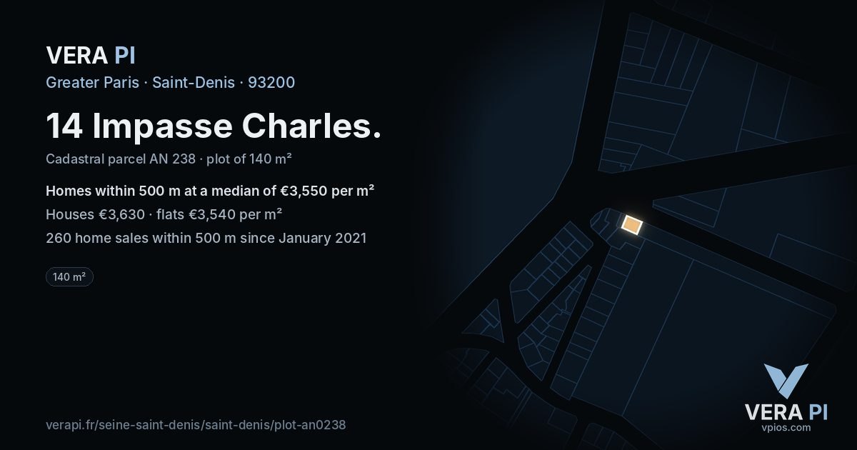 14 Impasse Charles, Saint-Denis at night – the plot lit, the parcels around coloured by the prices near them