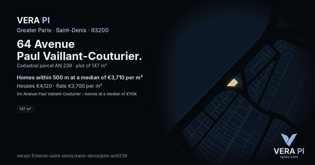 64 Avenue Paul Vaillant-Couturier, Saint-Denis at night – the plot lit, the parcels around coloured by the prices near them
