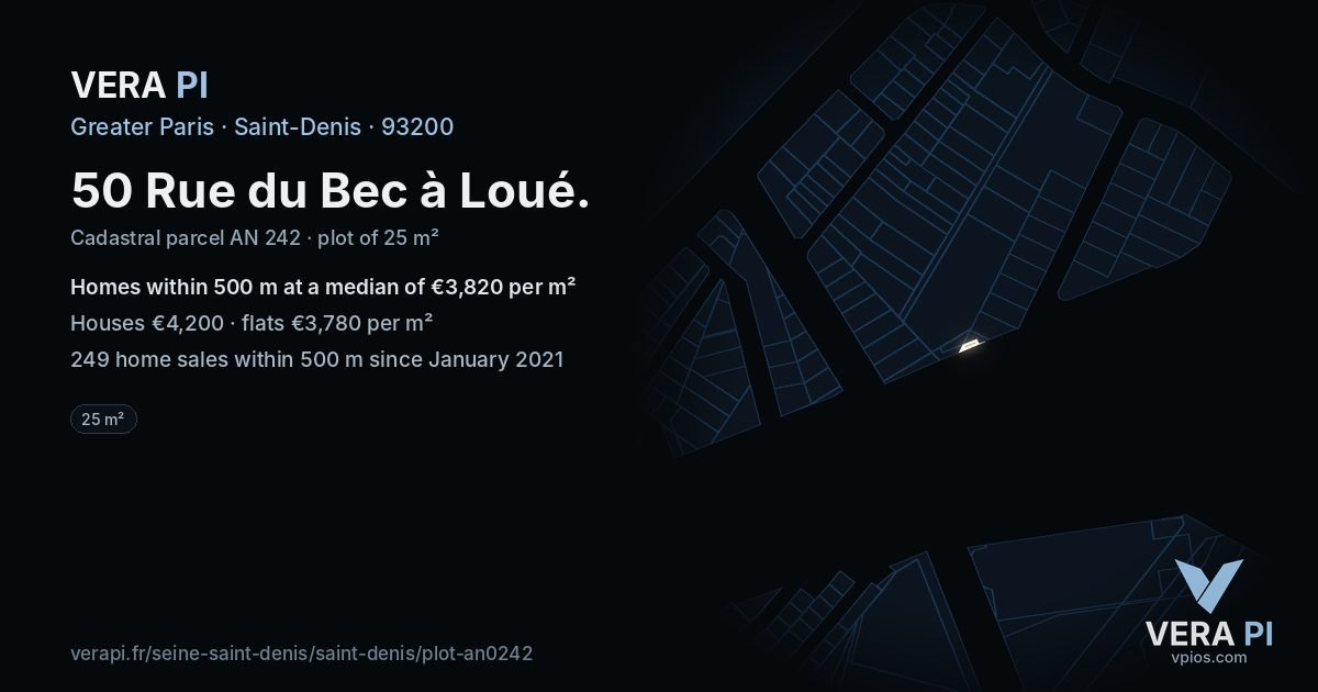 50 Rue du Bec à Loué, Saint-Denis at night – the plot lit, the parcels around coloured by the prices near them