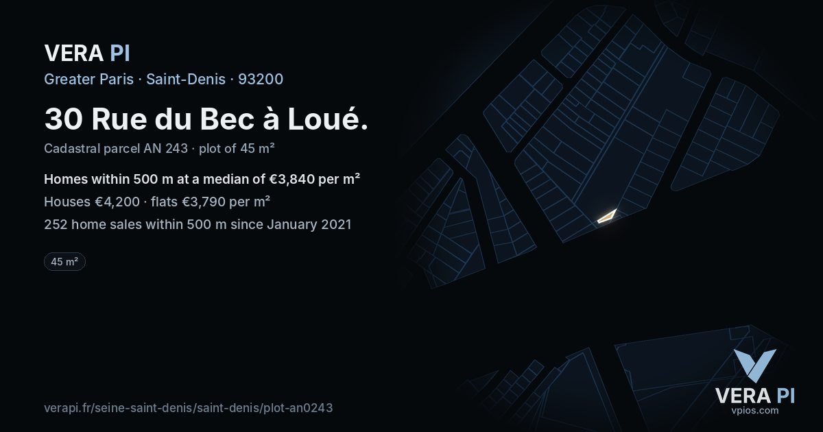 30 Rue du Bec à Loué, Saint-Denis at night – the plot lit, the parcels around coloured by the prices near them