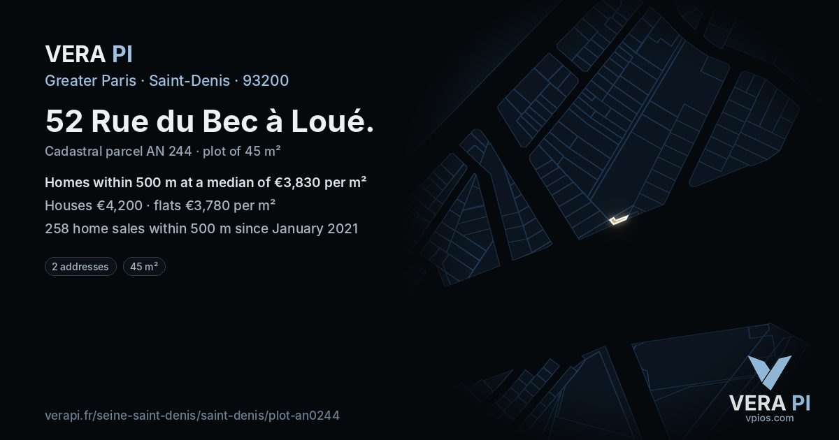 52 Rue du Bec à Loué, Saint-Denis at night – the plot lit, the parcels around coloured by the prices near them