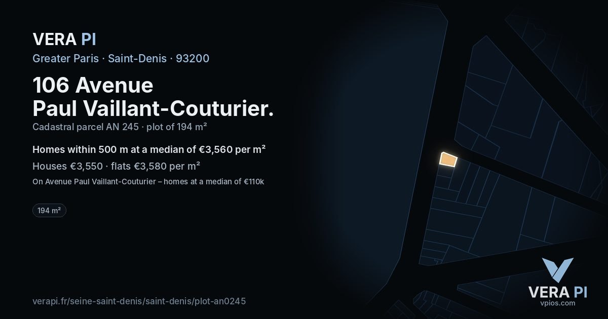 106 Avenue Paul Vaillant-Couturier, Saint-Denis at night – the plot lit, the parcels around coloured by the prices near them