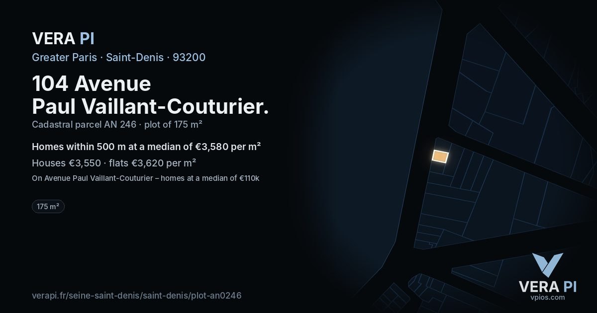 104 Avenue Paul Vaillant-Couturier, Saint-Denis at night – the plot lit, the parcels around coloured by the prices near them