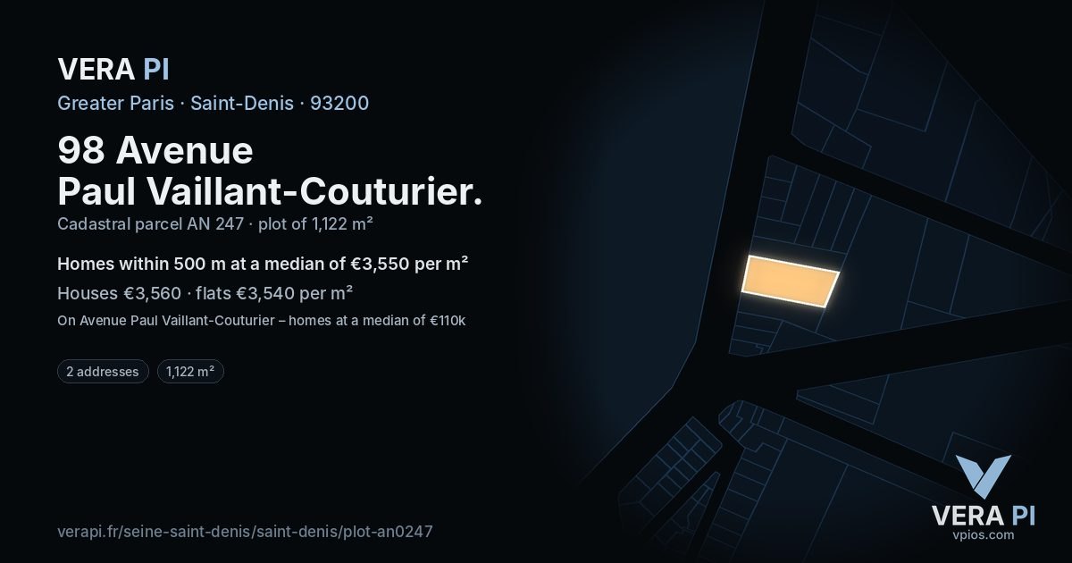 98 Avenue Paul Vaillant-Couturier, Saint-Denis at night – the plot lit, the parcels around coloured by the prices near them