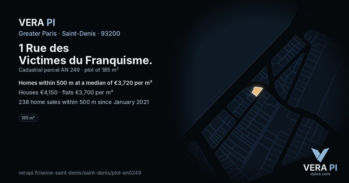 1 Rue des Victimes du Franquisme, Saint-Denis at night – the plot lit, the parcels around coloured by the prices near them