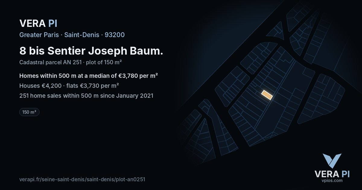 8 bis Sentier Joseph Baum, Saint-Denis at night – the plot lit, the parcels around coloured by the prices near them