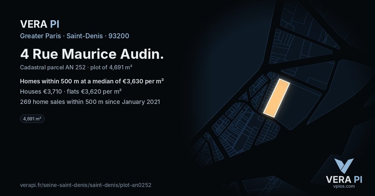 4 Rue Maurice Audin, Saint-Denis at night – the plot lit, the parcels around coloured by the prices near them