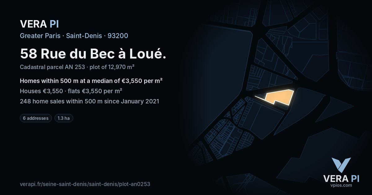 58 Rue du Bec à Loué, Saint-Denis at night – the plot lit, the parcels around coloured by the prices near them