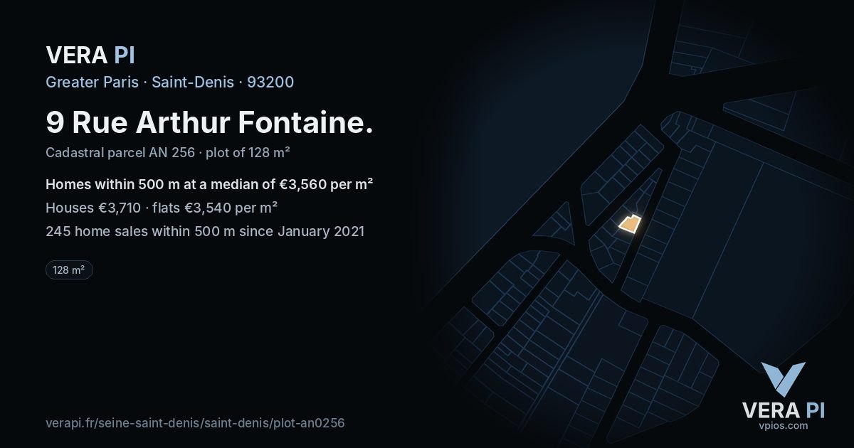 9 Rue Arthur Fontaine, Saint-Denis at night – the plot lit, the parcels around coloured by the prices near them