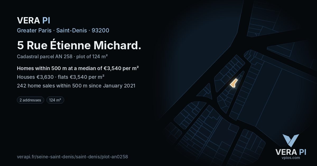 5 Rue Étienne Michard, Saint-Denis at night – the plot lit, the parcels around coloured by the prices near them