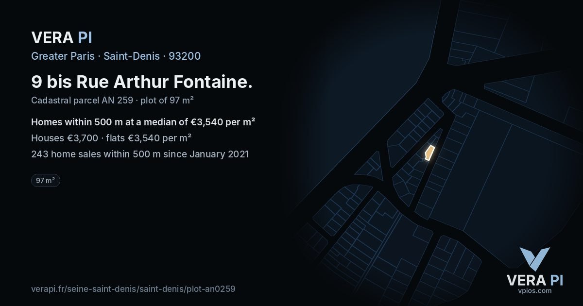 9 bis Rue Arthur Fontaine, Saint-Denis at night – the plot lit, the parcels around coloured by the prices near them