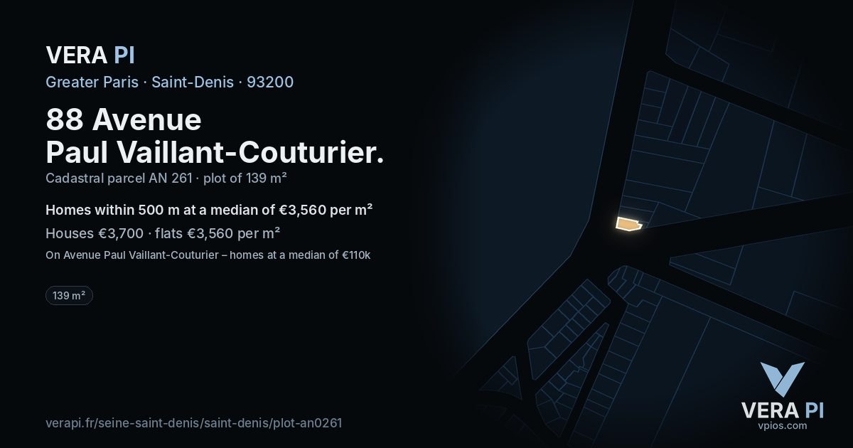 88 Avenue Paul Vaillant-Couturier, Saint-Denis at night – the plot lit, the parcels around coloured by the prices near them