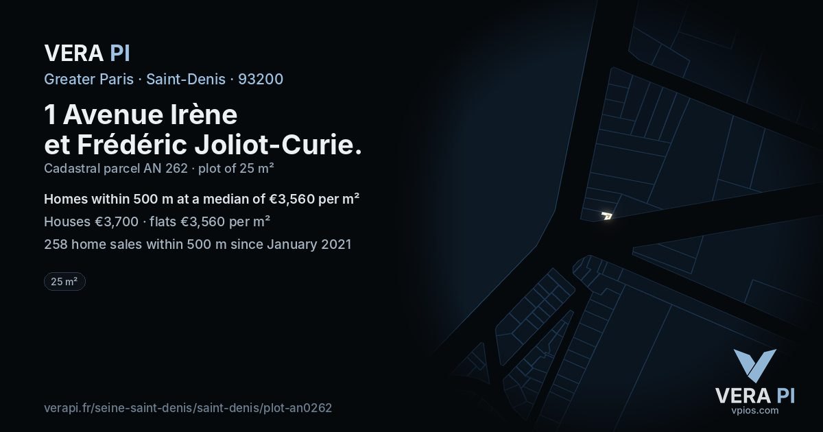 1 Avenue Irène et Frédéric Joliot-Curie, Saint-Denis at night – the plot lit, the parcels around coloured by the prices near them
