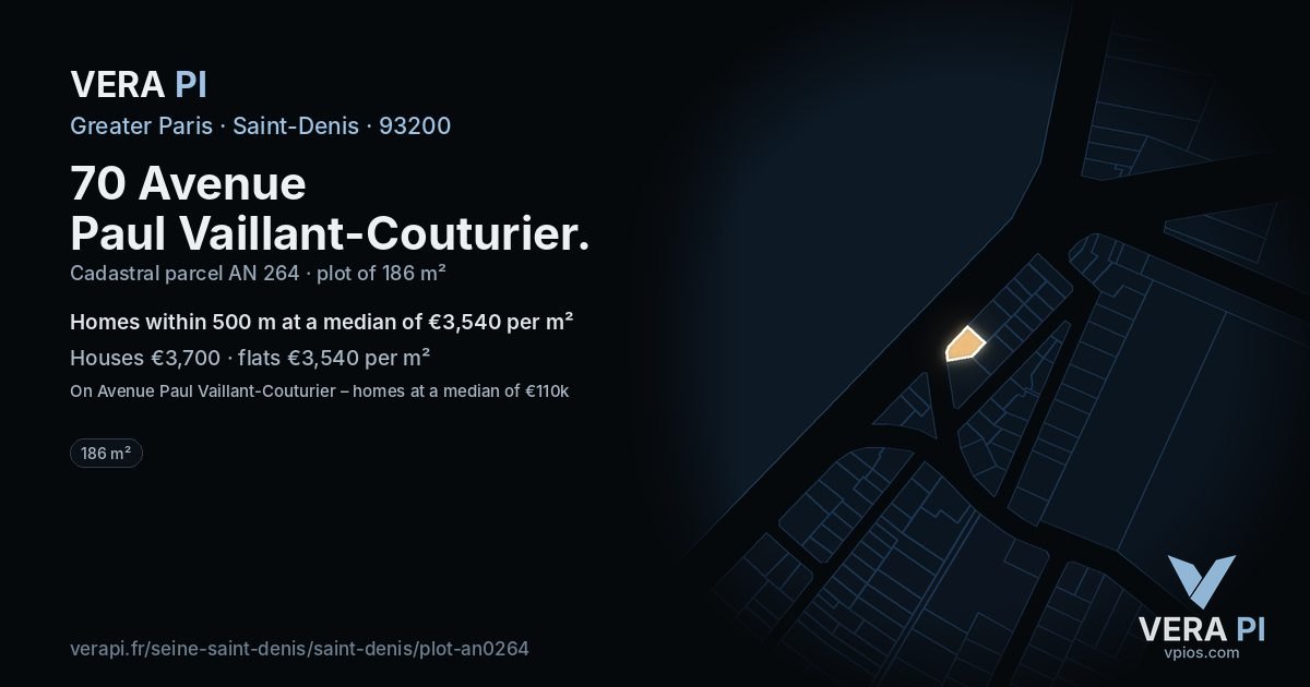 70 Avenue Paul Vaillant-Couturier, Saint-Denis at night – the plot lit, the parcels around coloured by the prices near them