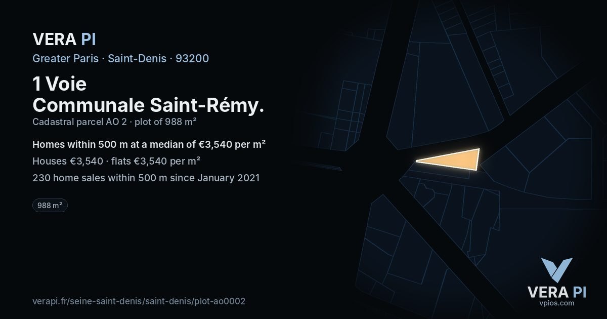 1 Voie Communale Saint-Rémy, Saint-Denis at night – the plot lit, the parcels around coloured by the prices near them