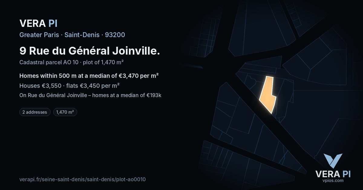 9 Rue du Général Joinville, Saint-Denis at night – the plot lit, the parcels around coloured by the prices near them