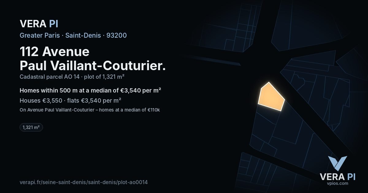 112 Avenue Paul Vaillant-Couturier, Saint-Denis at night – the plot lit, the parcels around coloured by the prices near them
