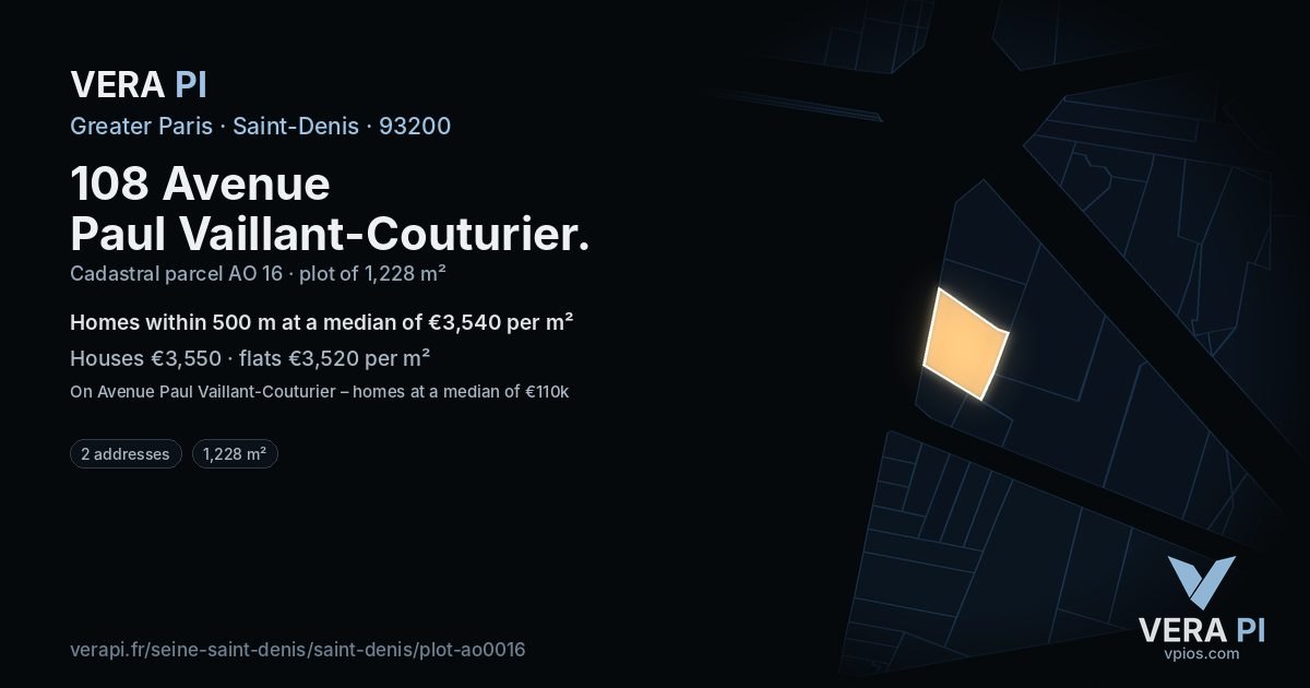 108 Avenue Paul Vaillant-Couturier, Saint-Denis at night – the plot lit, the parcels around coloured by the prices near them