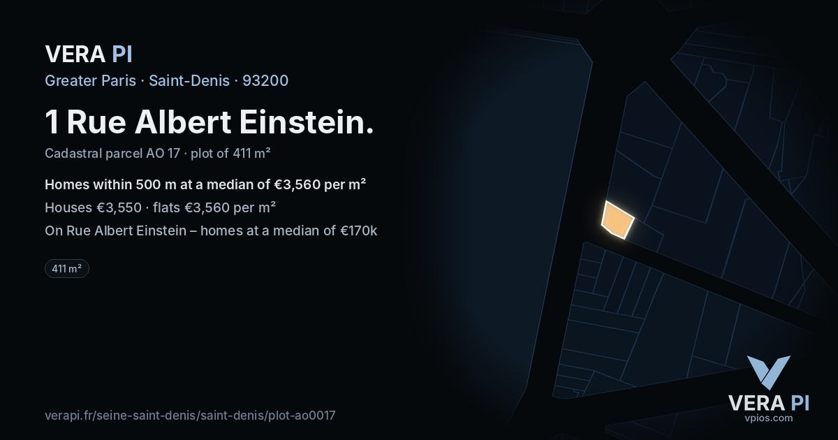 1 Rue Albert Einstein, Saint-Denis at night – the plot lit, the parcels around coloured by the prices near them