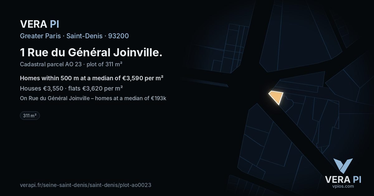 1 Rue du Général Joinville, Saint-Denis at night – the plot lit, the parcels around coloured by the prices near them