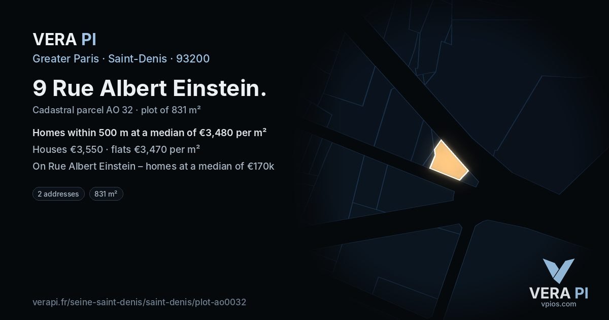 9 Rue Albert Einstein, Saint-Denis at night – the plot lit, the parcels around coloured by the prices near them