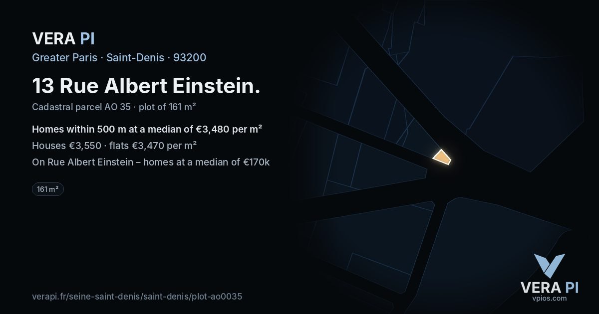 13 Rue Albert Einstein, Saint-Denis at night – the plot lit, the parcels around coloured by the prices near them