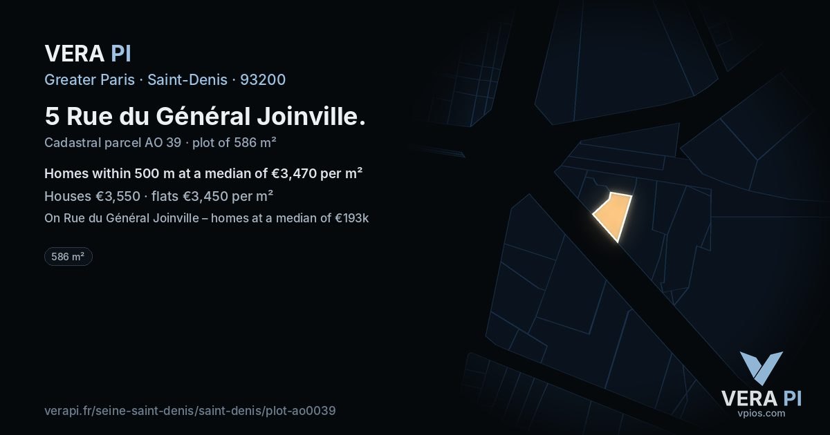 5 Rue du Général Joinville, Saint-Denis at night – the plot lit, the parcels around coloured by the prices near them