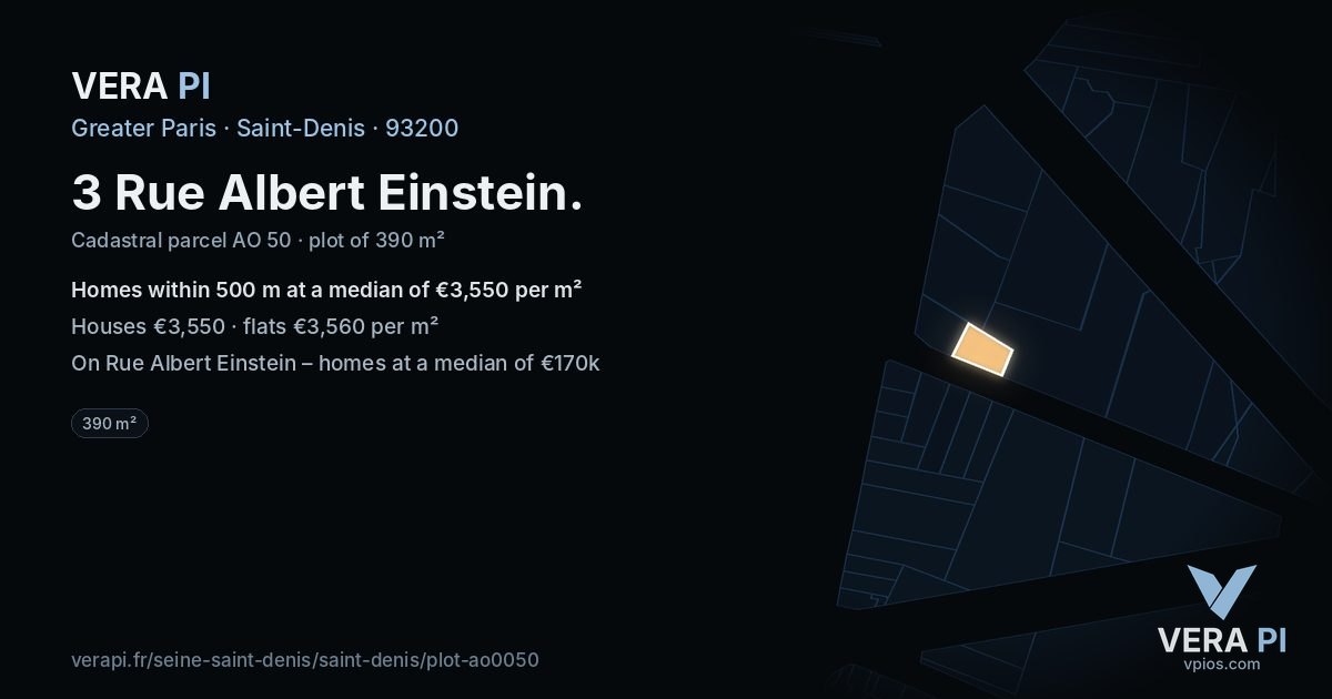 3 Rue Albert Einstein, Saint-Denis at night – the plot lit, the parcels around coloured by the prices near them