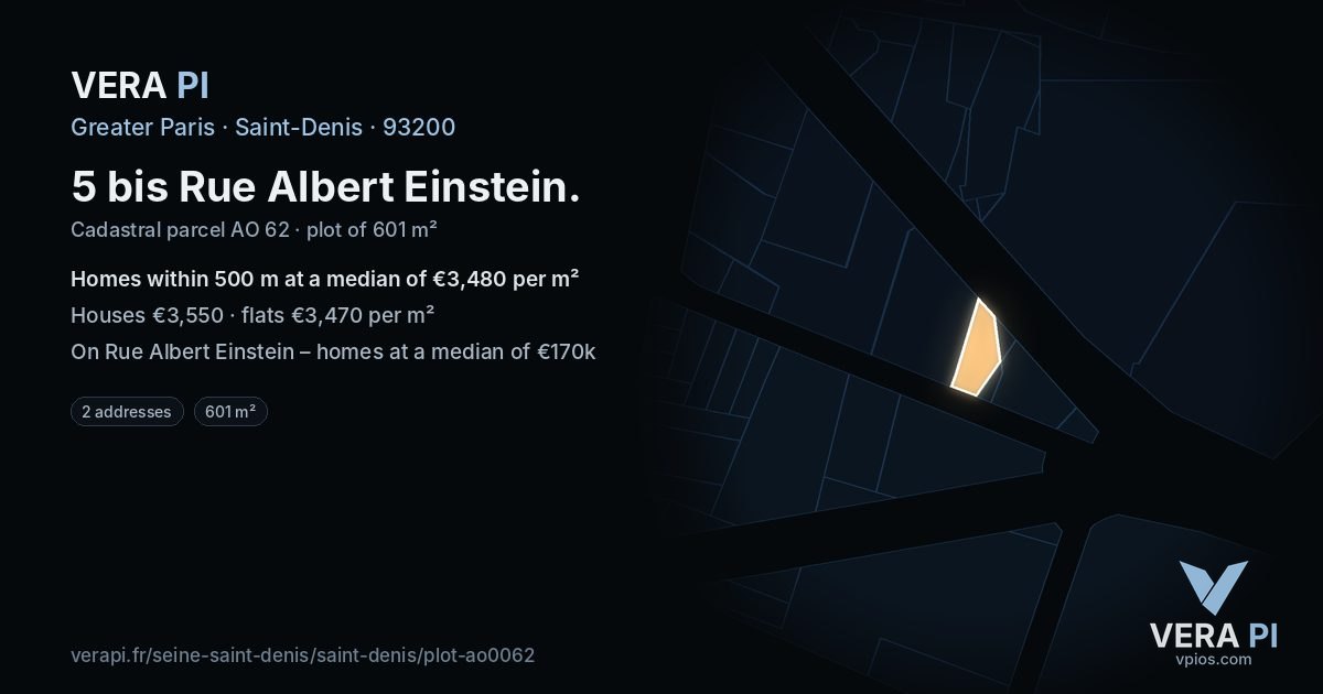 5 bis Rue Albert Einstein, Saint-Denis at night – the plot lit, the parcels around coloured by the prices near them