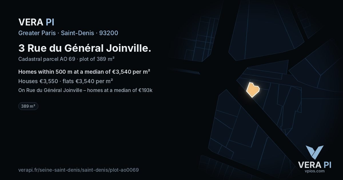 3 Rue du Général Joinville, Saint-Denis at night – the plot lit, the parcels around coloured by the prices near them