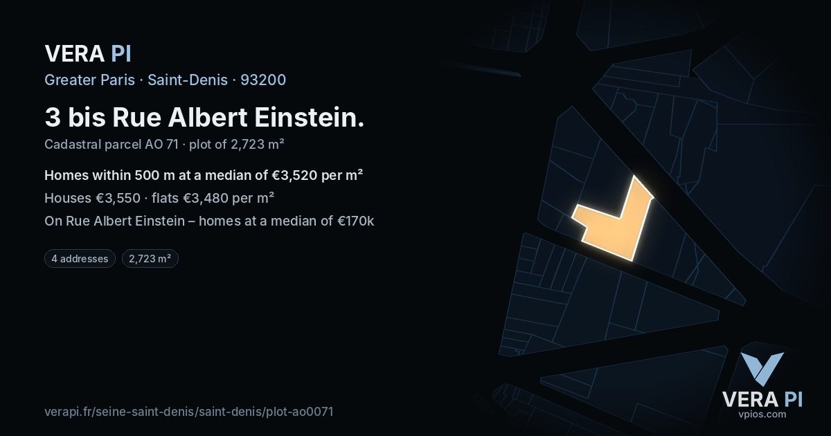 3 bis Rue Albert Einstein, Saint-Denis at night – the plot lit, the parcels around coloured by the prices near them