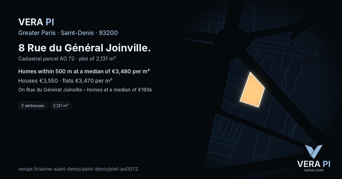 8 Rue du Général Joinville, Saint-Denis at night – the plot lit, the parcels around coloured by the prices near them