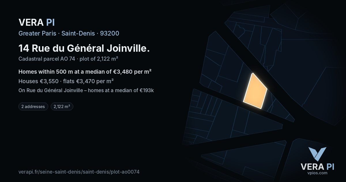 14 Rue du Général Joinville, Saint-Denis at night – the plot lit, the parcels around coloured by the prices near them