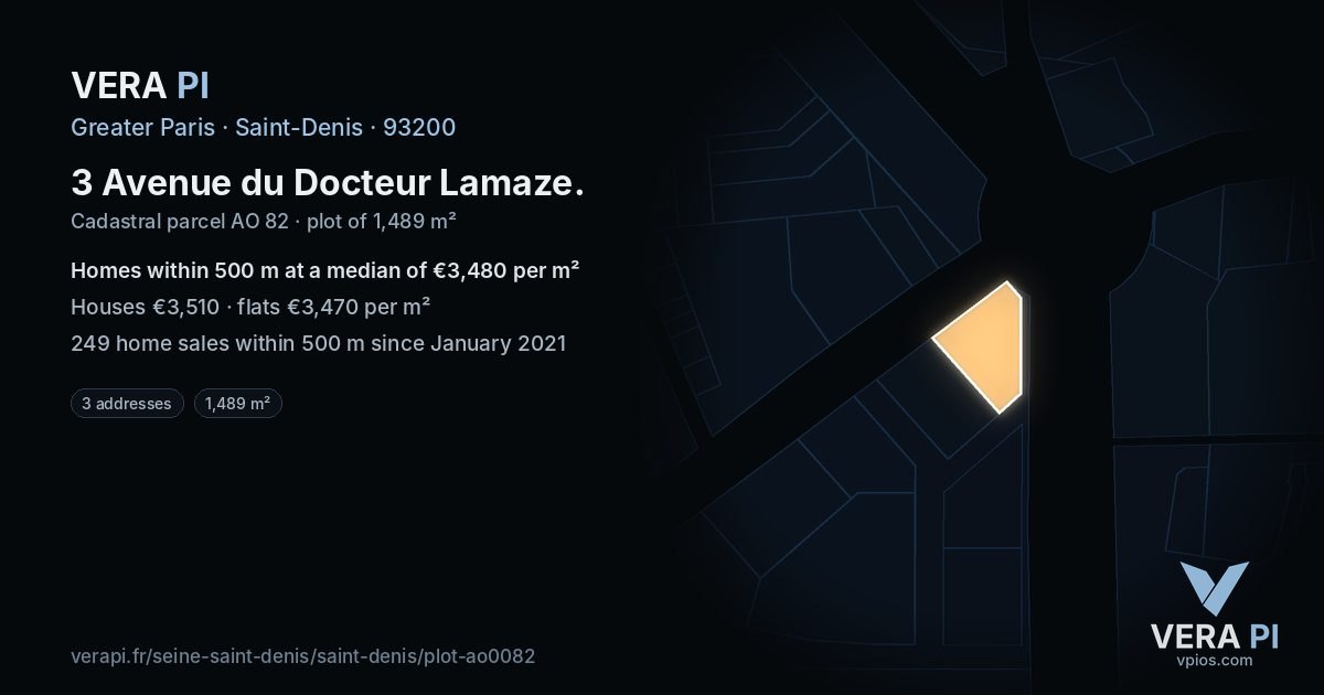 3 Avenue du Docteur Lamaze, Saint-Denis at night – the plot lit, the parcels around coloured by the prices near them