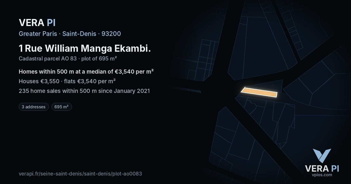 1 Rue William Manga Ekambi, Saint-Denis at night – the plot lit, the parcels around coloured by the prices near them