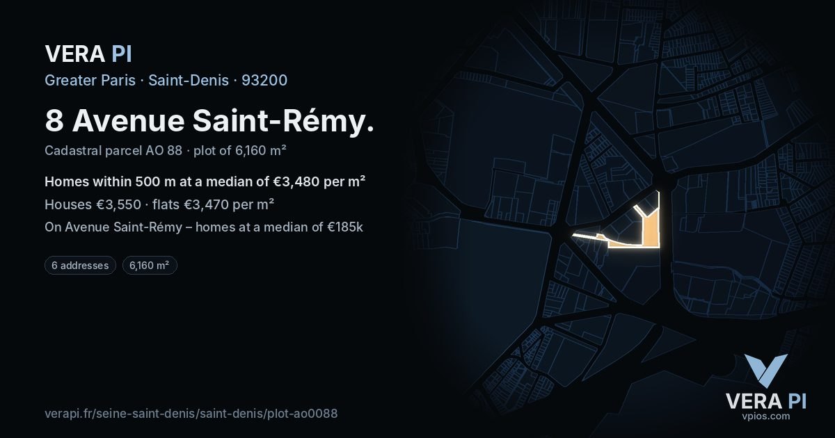 8 Avenue Saint-Rémy, Saint-Denis at night – the plot lit, the parcels around coloured by the prices near them