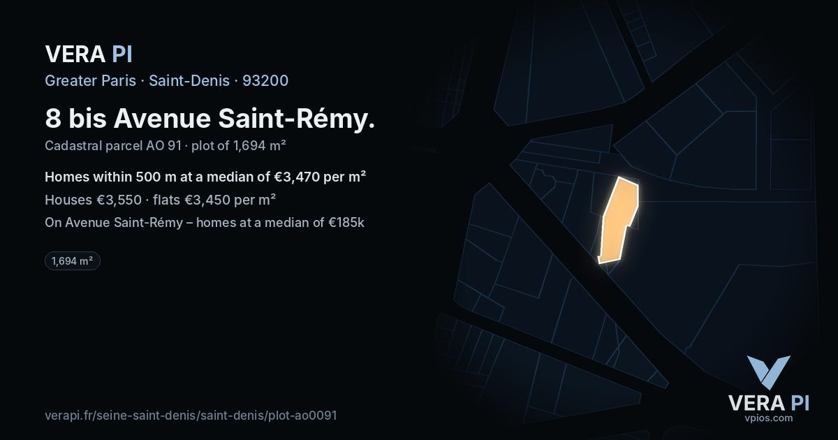 8 bis Avenue Saint-Rémy, Saint-Denis at night – the plot lit, the parcels around coloured by the prices near them