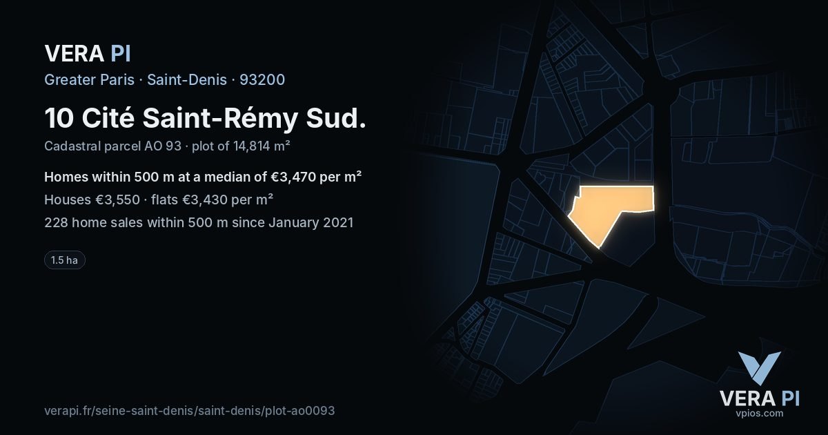 10 Cité Saint-Rémy Sud, Saint-Denis at night – the plot lit, the parcels around coloured by the prices near them