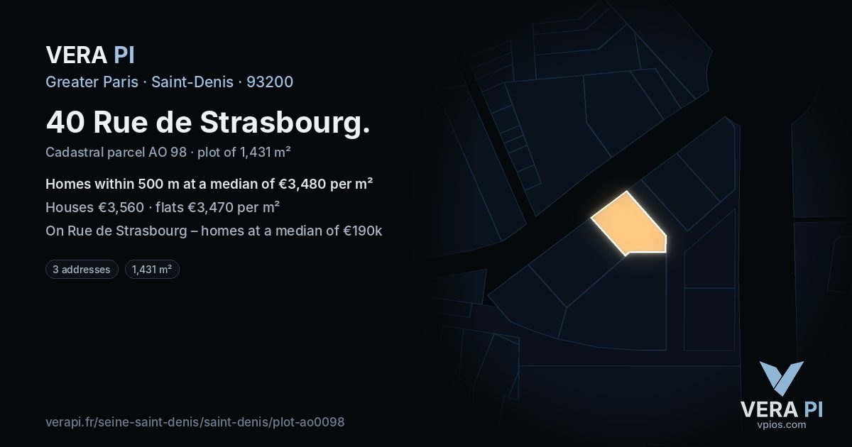 40 Rue de Strasbourg, Saint-Denis at night – the plot lit, the parcels around coloured by the prices near them