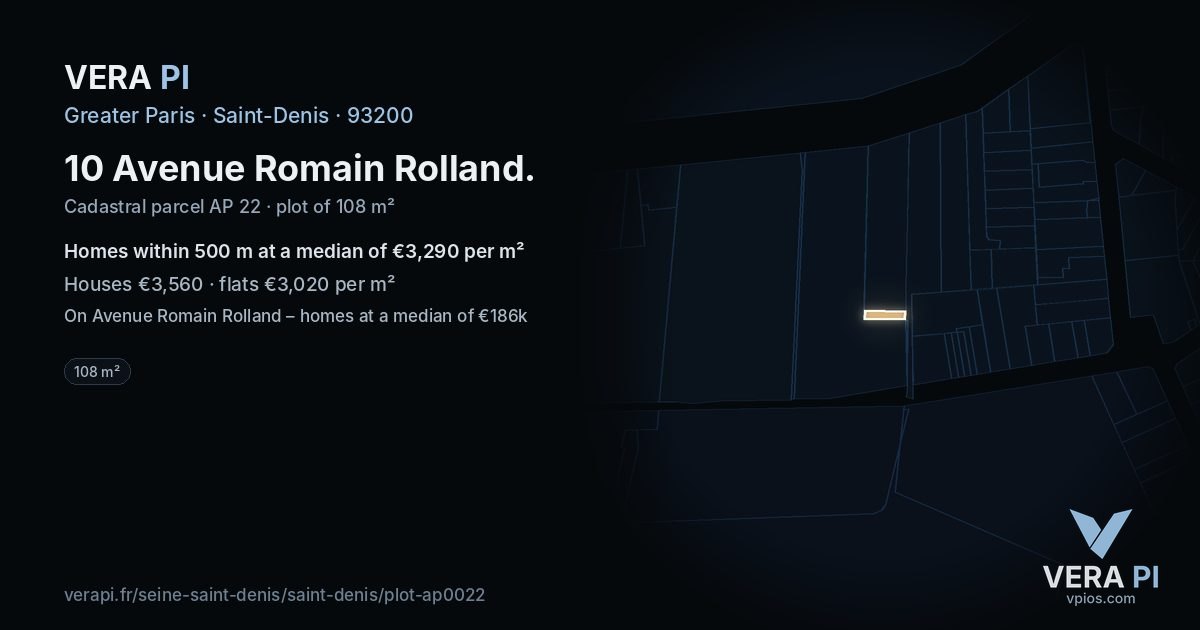 10 Avenue Romain Rolland, Saint-Denis at night – the plot lit, the parcels around coloured by the prices near them