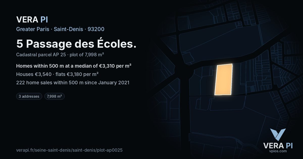 5 Passage des Écoles, Saint-Denis at night – the plot lit, the parcels around coloured by the prices near them
