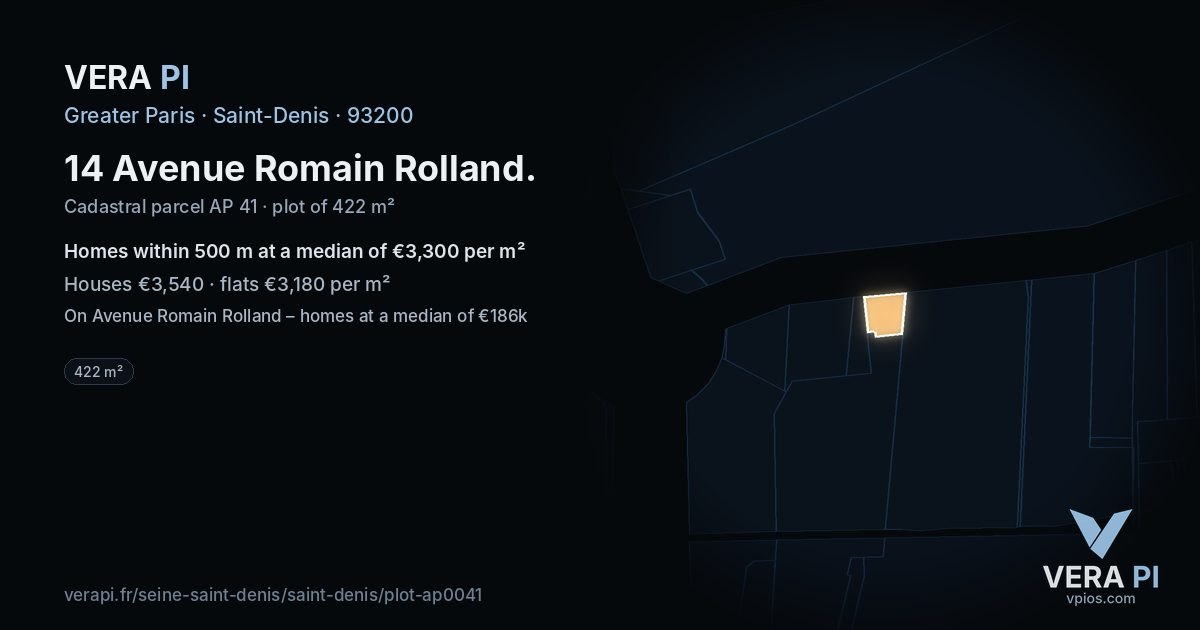 14 Avenue Romain Rolland, Saint-Denis at night – the plot lit, the parcels around coloured by the prices near them
