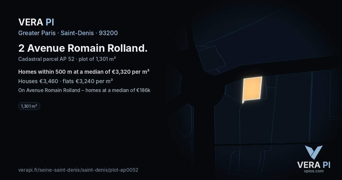 2 Avenue Romain Rolland, Saint-Denis at night – the plot lit, the parcels around coloured by the prices near them